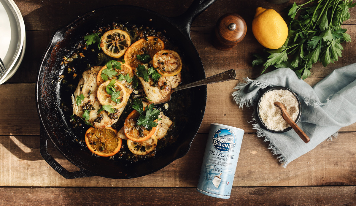 Halibut with Citrus, White Wine + Caper Sauce with Grey Sea Salt Halibut with Citrus, White Wine + Caper Sauce with Grey Sea Salt