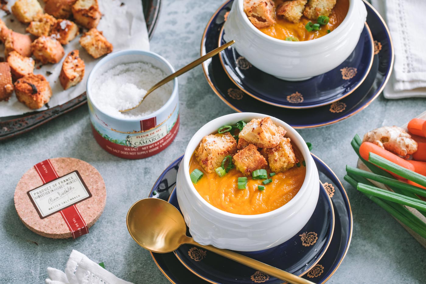 Ginger Carrot Soup with Garlic Croutons Sprinkled with Le Saunier de Camargue Fleur de Sel recipe Ginger Carrot Soup with Garlic Croutons Sprinkled with Le Saunier de Camargue Fleur de Sel recipe