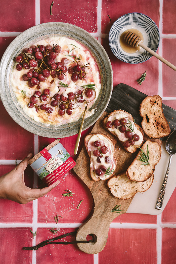 Roasted grapes whipped feta crostini with Fleur de Sel Le Saunier de Camargue Recipe