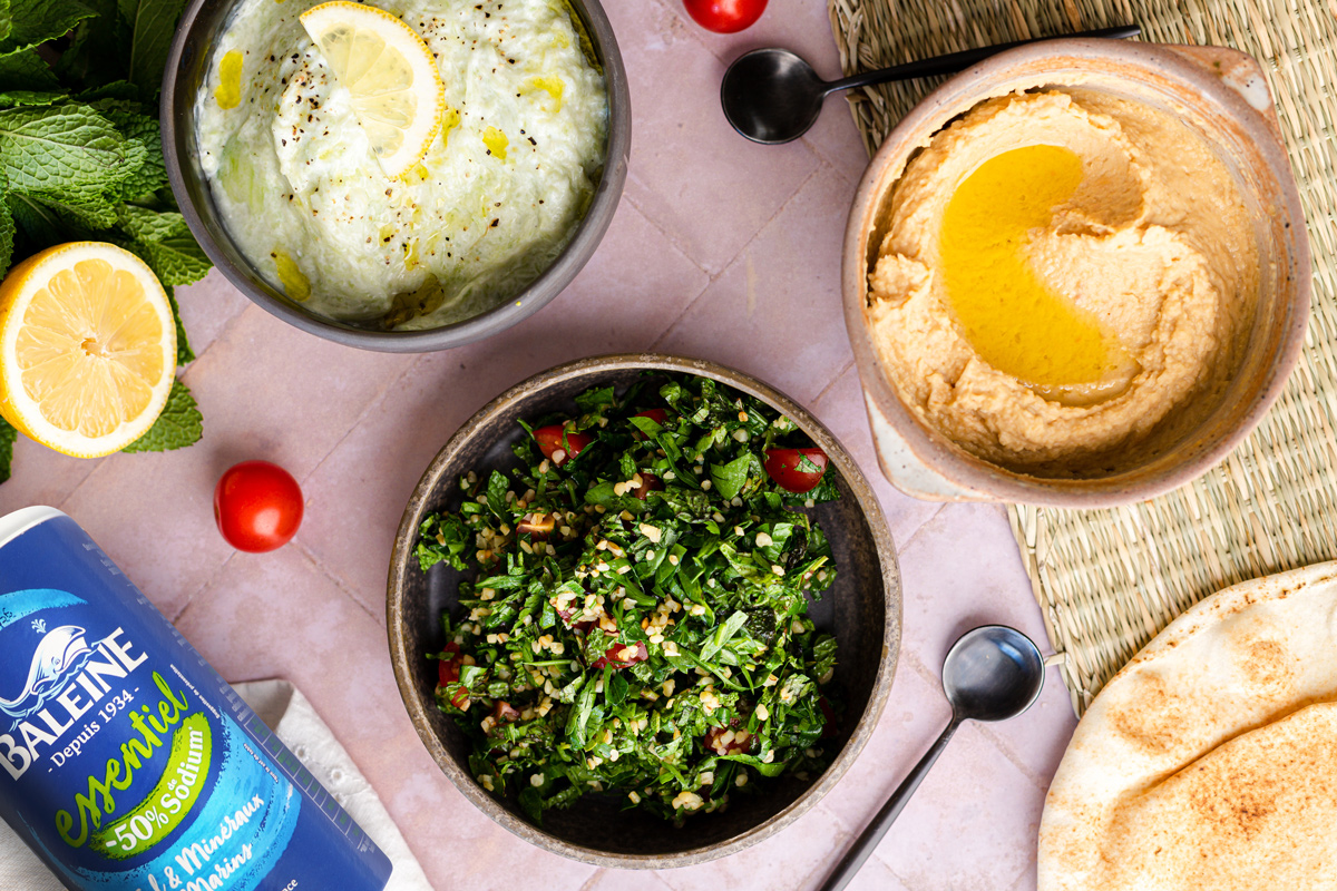 recette du Mezze Libanais : Houmous, Tzatziki, Taboulé de persil et coriandre