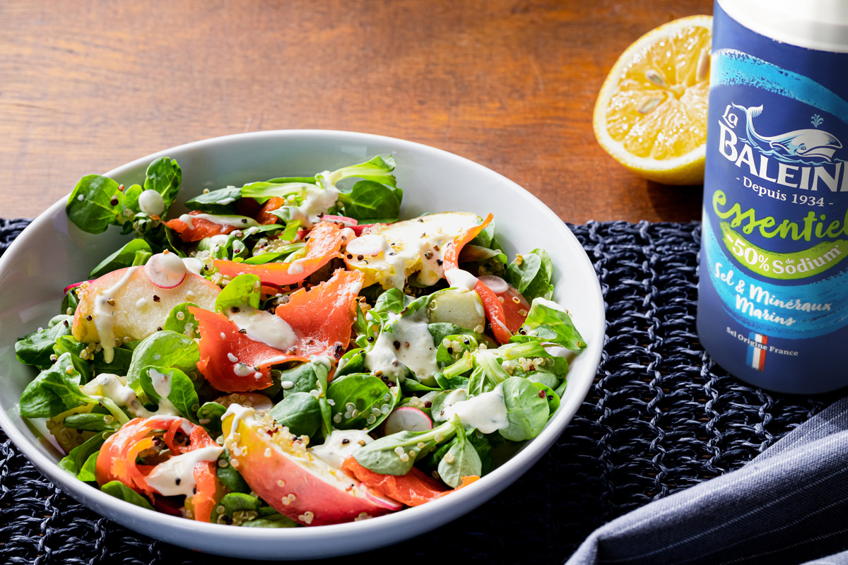 recette Salade de quinoa, pommes, radis et saumon fumé la baleine