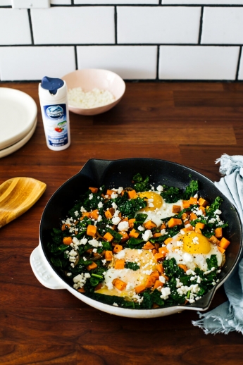 Kale and Sweet Potato Baked Eggs with Goat Cheese recipe 